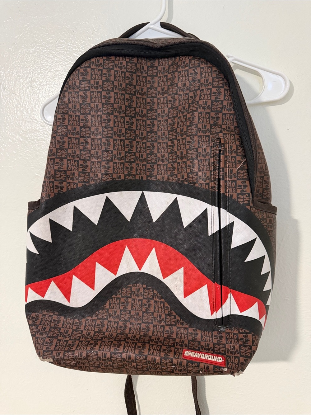 Sprayground Brown Shark Mouth Graphic Backpack with Red & Black Accents